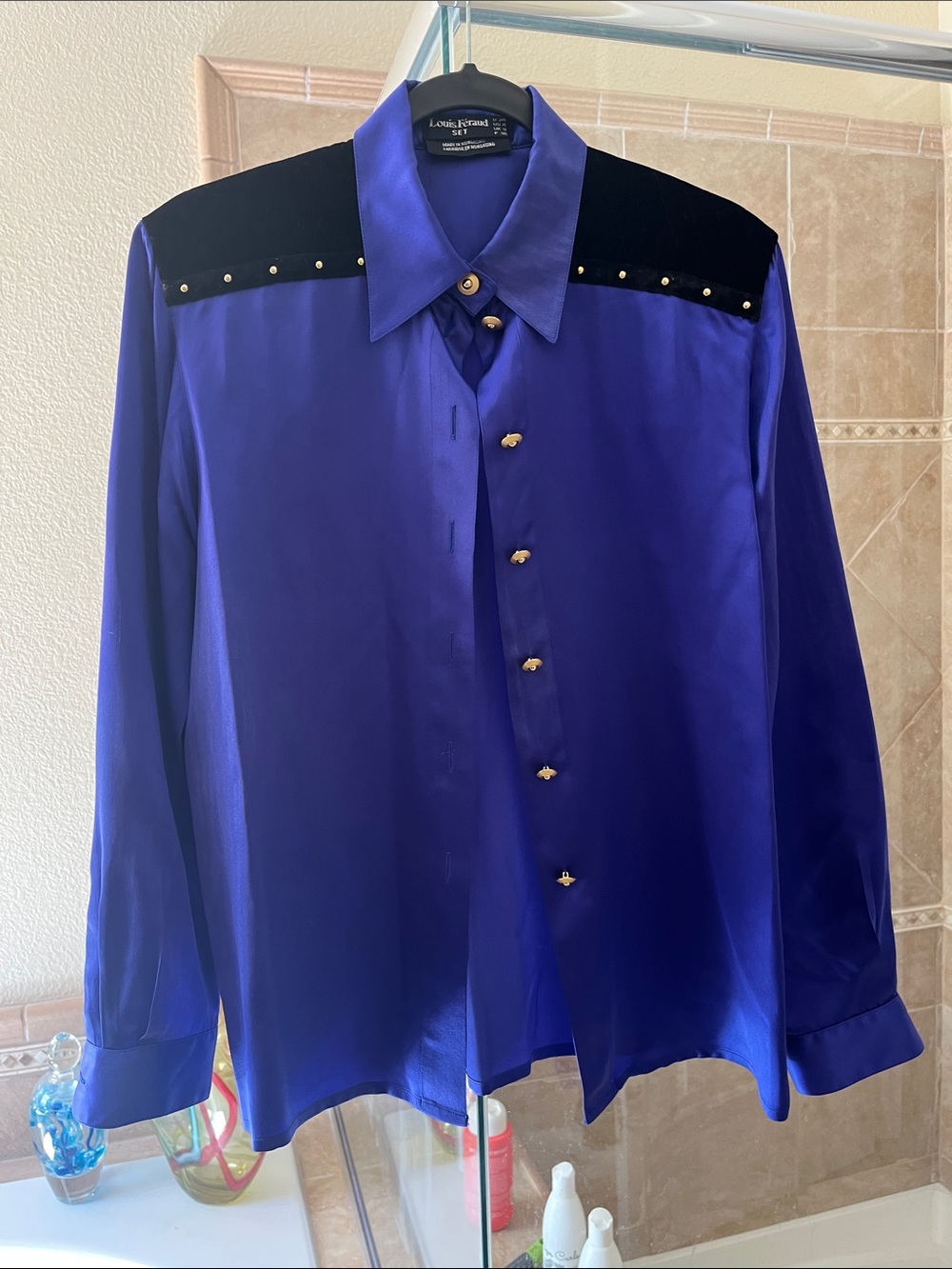 Louis Feraud Purple Satin Button-Down Shirt with Black Studded Yoke